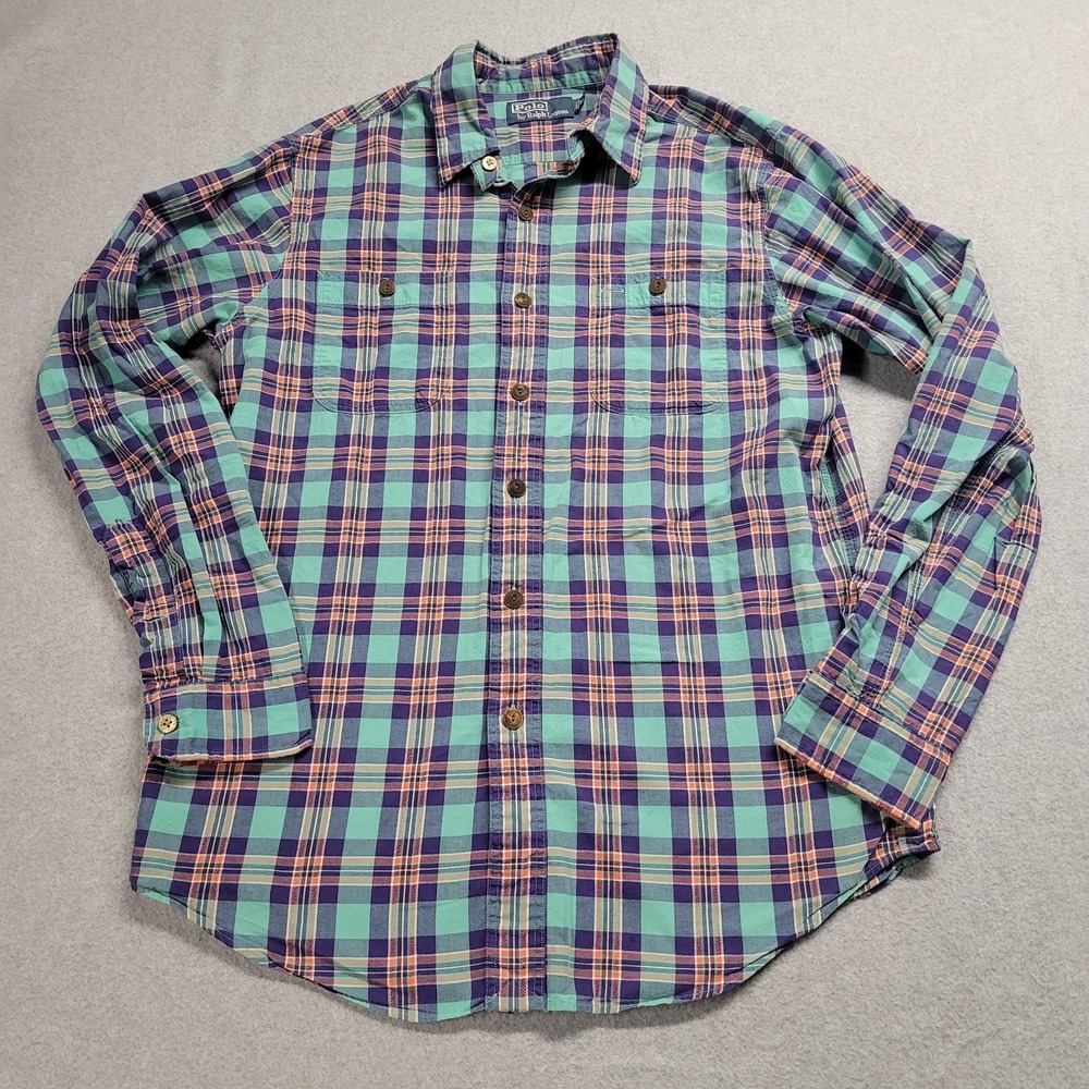 Polo Ralph Lauren Mens Madras Button Up Shirt‎ Green Blue Plaid Western Size M